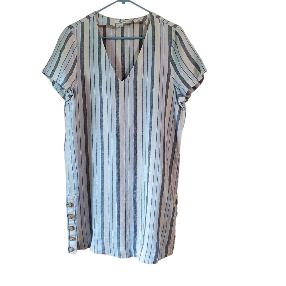 Madewell Shirt Dress 100% Linen Coastal V-Neck with Button Detail Large